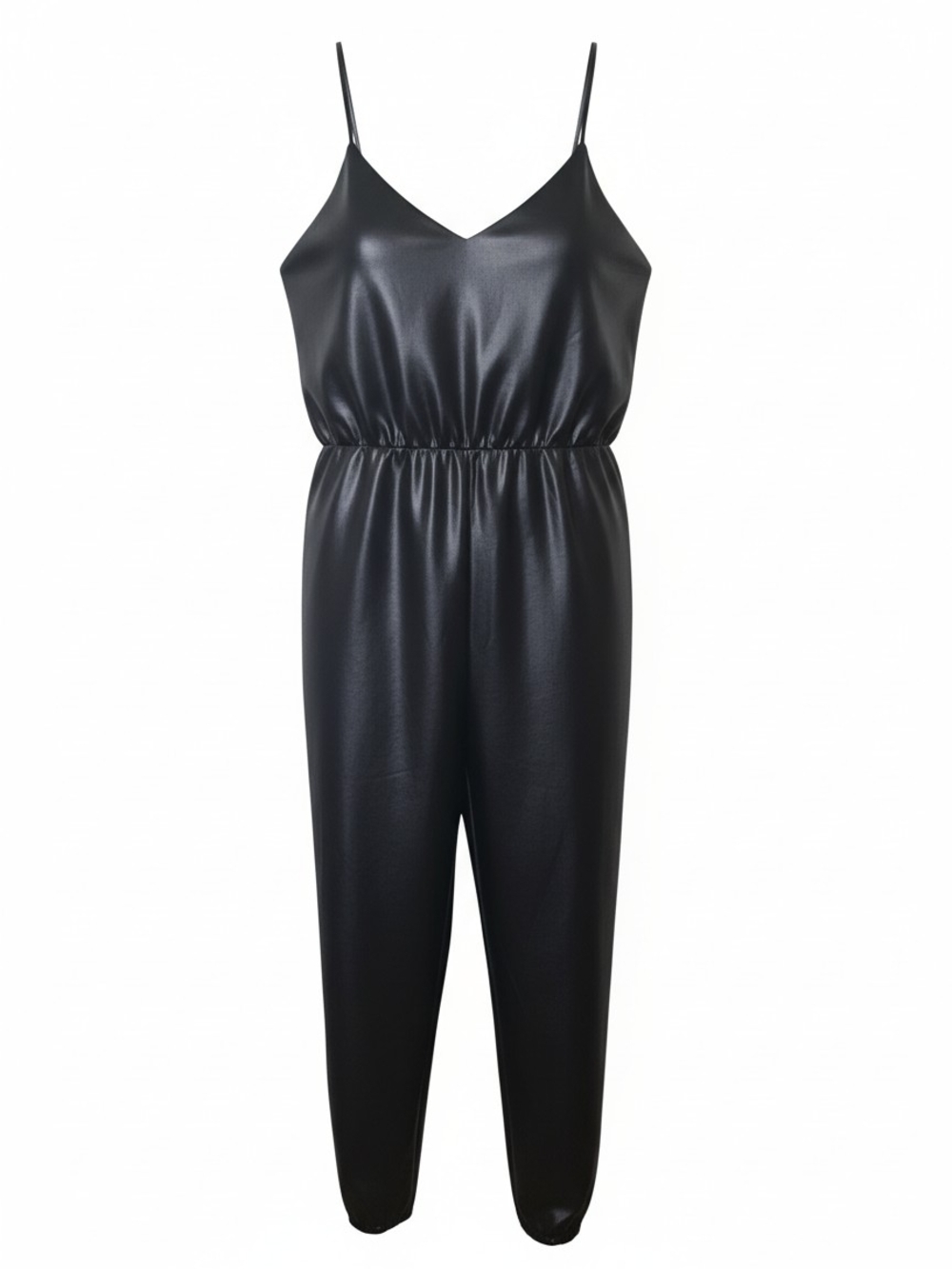 Black Faux-Leather V-Neck Jumpsuit